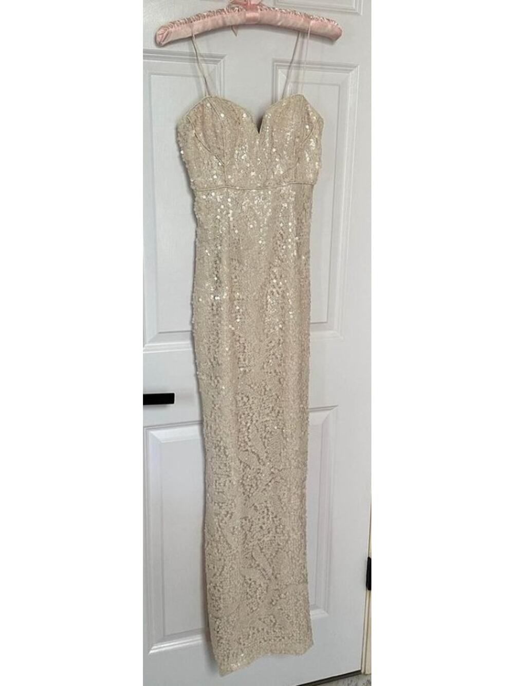 Aidan Mattox Sz 0 Sequin Cream Wedding Bridal Sweetheart Maxi Dress Side Slit
